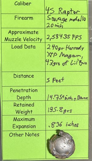 45 Raptor Ballistic Gel Results | Oklahoma Shooters